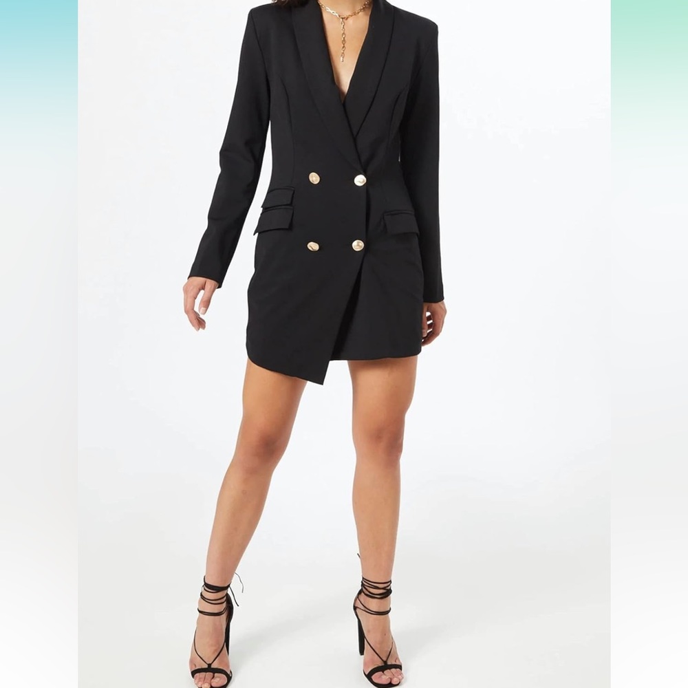 Black tuxedo mini dress with gold hardware